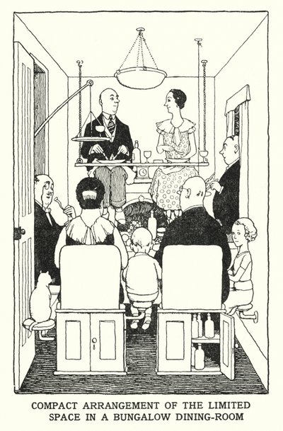 バンガローのダイニングルームの限られたスペースをコンパクトにアレンジ（リトグラフ 作： William Heath Robinson