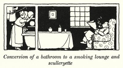 バスルームを喫煙ラウンジおよびスカラリエットに改装（リトグラフ 作： William Heath Robinson