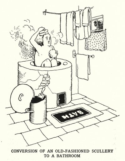 昔ながらの雑用部屋を浴室に改装（リトグラフ 作： William Heath Robinson