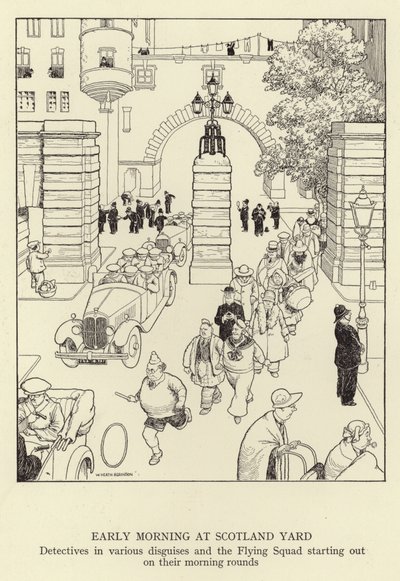 スコットランドヤードの早朝、さまざまな変装をした探偵と朝のラウンドで始まる飛行隊 作： William Heath Robinson