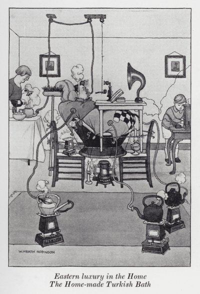 家庭で楽しむ東洋の贅沢、手作りのトルコ風呂（リトグラフ 作： William Heath Robinson