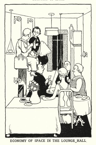 ラウンジホールでの空間の経済性（リトグラフ 作： William Heath Robinson