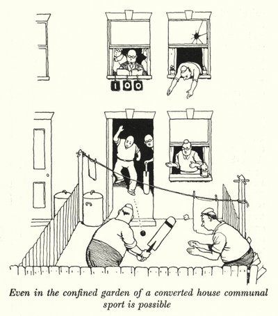 改装した家の狭い庭でも、共同でスポーツができる（リトグラフ 作： William Heath Robinson