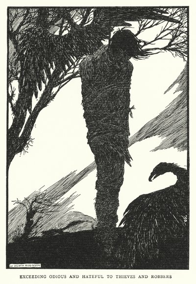窃盗犯や強盗犯にとって、非常に忌まわしい存在であること（リトグラフ 作： William Heath Robinson