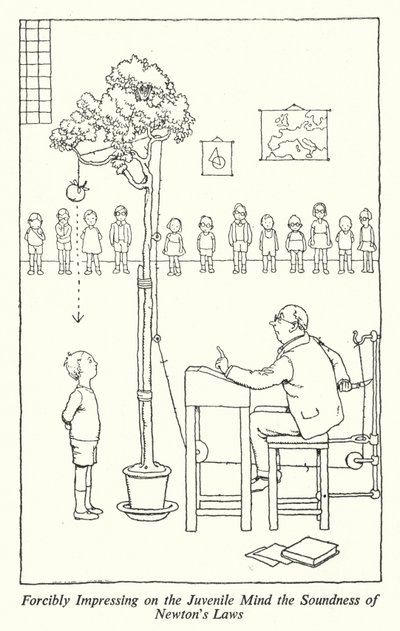 ニュートンの法則の正しさを少年の心に植え付けるために（リトグラフ 作： William Heath Robinson