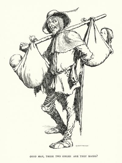 いい男、この二人の女の子はメイドさん？(litho) 作： William Heath Robinson