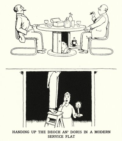 近代的なサービス・フラットでデオク・アン・ドリスを手渡す（リトグラフ 作： William Heath Robinson