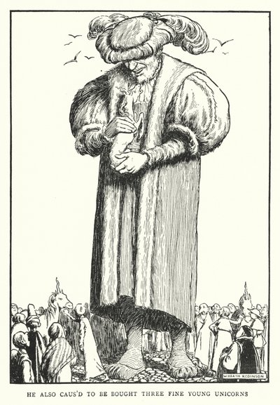 彼はまた、3頭の立派な若いユニコーンを買うようにと言った（リトグラフ）。 作： William Heath Robinson