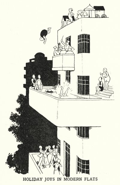モダンなフラットでの休日の楽しみ（リトグラフ 作： William Heath Robinson
