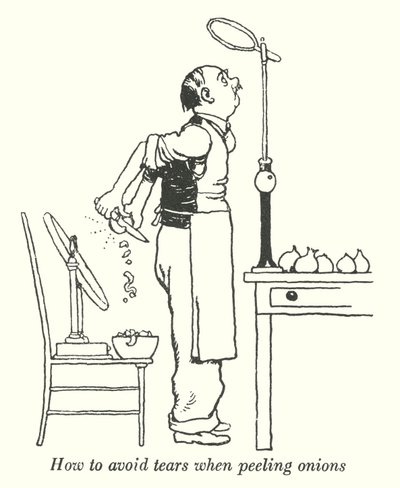 玉ねぎの皮をむくときに涙が出ないようにする方法（リトグラフ 作： William Heath Robinson