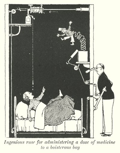 騒がしい少年に薬を投与するための独創的な策略（リトグラフ 作： William Heath Robinson