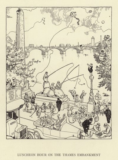 テムズ川堤防での昼食時間 作： William Heath Robinson