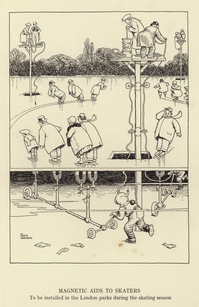 スケートシーズン中にロンドンの公園に設置されるスケーター向けの磁気補助装置 作： William Heath Robinson