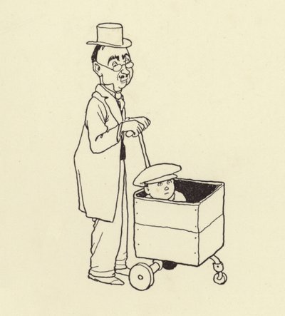 ボックスで少年を押す男 作： William Heath Robinson