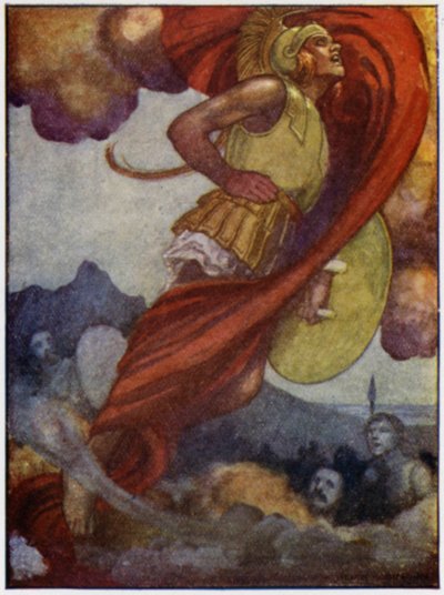 雷雲のような火星が天空を駆け上がり、オリンポスへと向かう（カラーリトグラフ 作： William Heath Robinson
