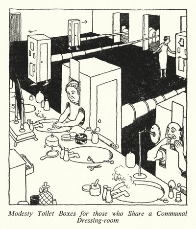 共用ドレッシングルームを共有する人のためのモデスティ・トイレ・ボックス（リトグラフ 作： William Heath Robinson