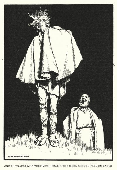月が地球に落ちることを非常に恐れていたフェニャーレスの一人（リトグラフ 作： William Heath Robinson