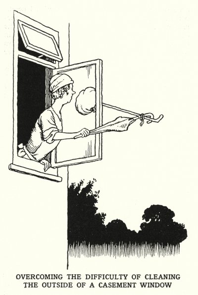 ケースメント窓の外側を掃除する難しさを克服（リトグラフ 作： William Heath Robinson