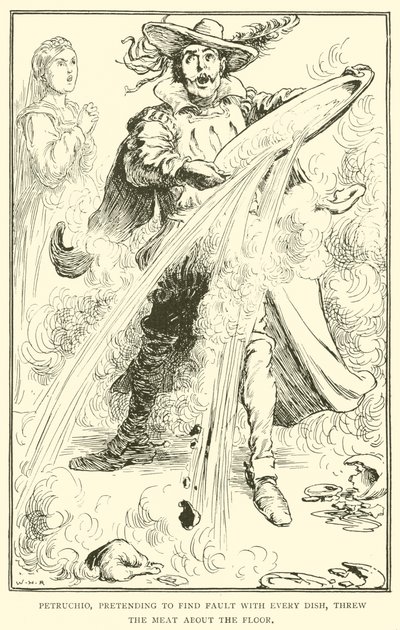 すべての料理で欠点を見つけるふりをして、ペトルチオは床に肉を投げました 作： William Heath Robinson