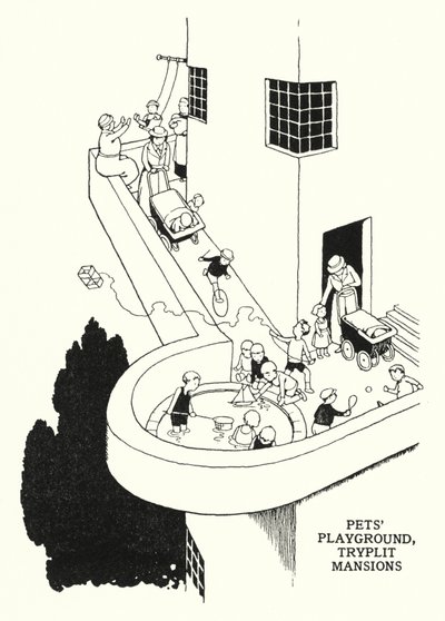 ペットの遊び場」「トライプリットマンション」（リトグラフ 作： William Heath Robinson