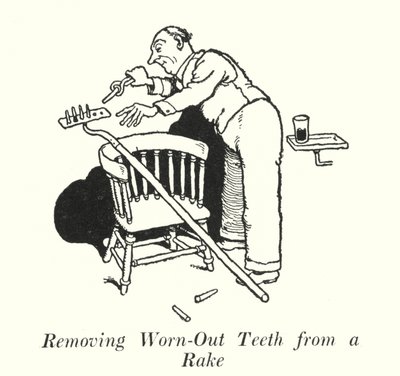 熊手の磨耗した歯の除去（リトグラフ 作： William Heath Robinson