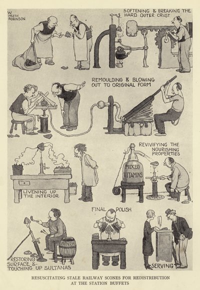駅のビュッフェで再配布するための古い鉄道スコーンの蘇生 作： William Heath Robinson