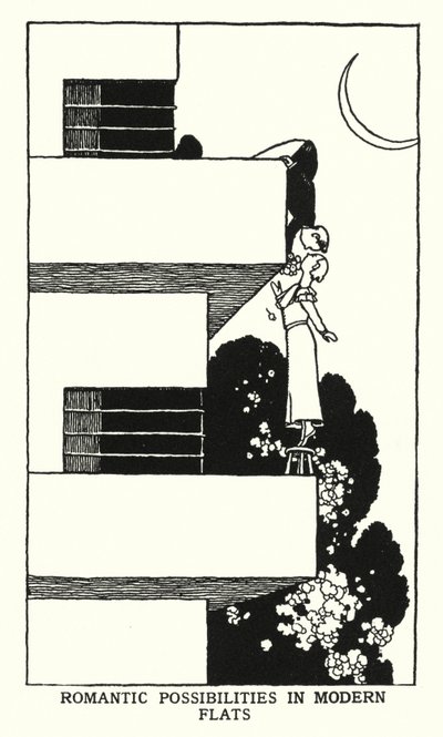 現代のフラットにおけるロマンチックな可能性（リトグラフ 作： William Heath Robinson