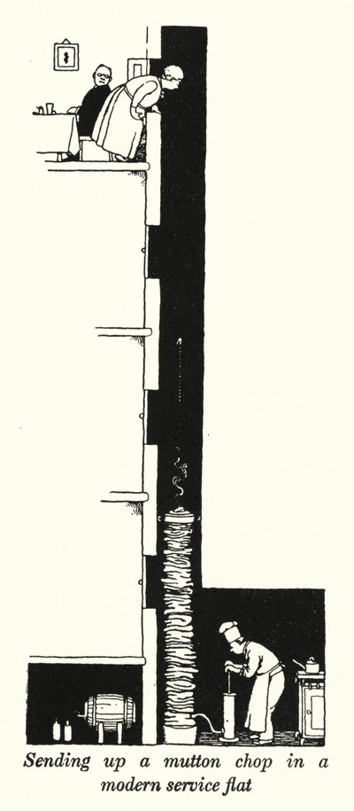 モダンなサービスフラットでマトンチョップを送る（リトグラフ 作： William Heath Robinson