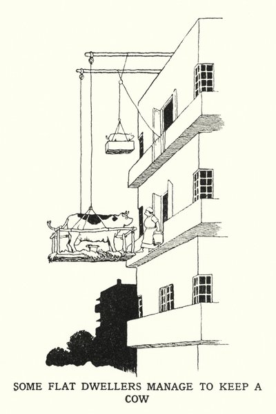 平地に住む人々が牛を飼う（リトグラフ 作： William Heath Robinson