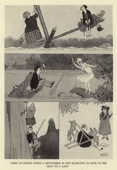 紳士が女性に席を譲ることを期待されないいくつかの機会 作： William Heath Robinson