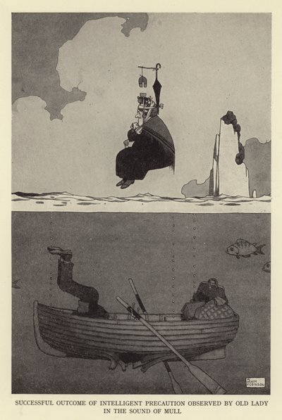 老婦人がマルの音で観察した知的予防策の成功結果 作： William Heath Robinson