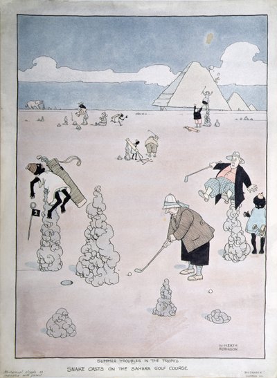 南国の夏のトラブル-サハラ砂漠のゴルフ場でのスネークキャスト (ペン、インク、水彩) 作： William Heath Robinson