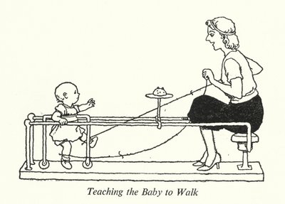 赤ちゃんに歩くことを教える（リトグラフ 作： William Heath Robinson