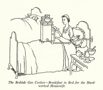 ベッドサイドガスコンロ、頑張る主婦のためのベッドでの朝食（リトグラフ 作： William Heath Robinson