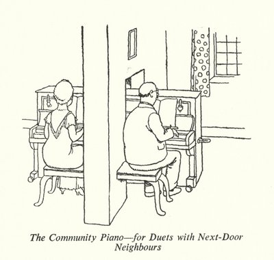 隣人とのデュエットのための「コミュニティ・ピアノ」（リトグラフ 作： William Heath Robinson