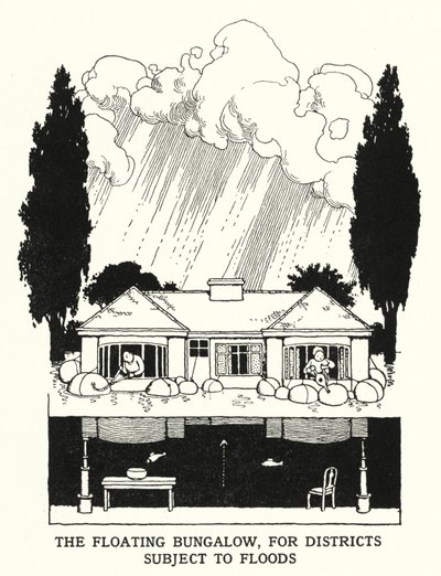 水害地域のための「水上バンガロー」（リトグラフ版 作： William Heath Robinson