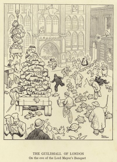 市長の宴会の前夜にロンドンのギルドホール 作： William Heath Robinson