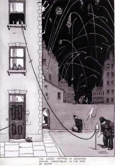 真夜中に特別警護官を呼び起こす最新の方法」、『発明』の挿絵、ダックワース1973年（ペンとインク、水彩画） 作： William Heath Robinson