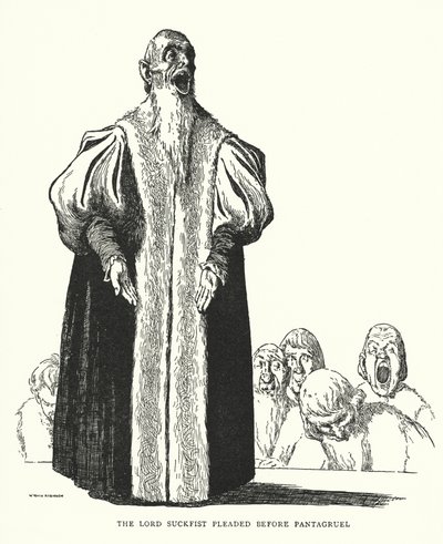 パンタグリュエルの前で嘆願するサックフィスト卿（リトグラフ 作： William Heath Robinson