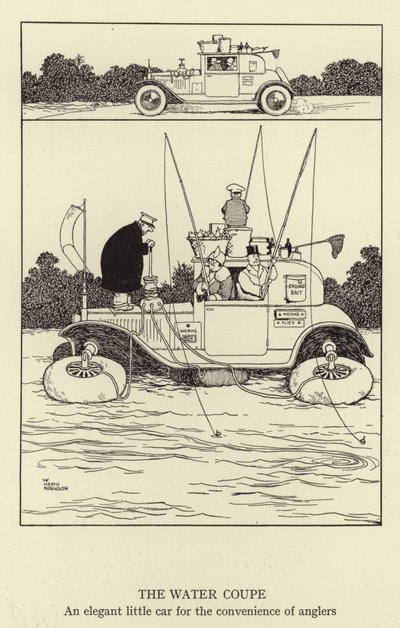 釣り人の便宜のためのエレガントな小さな車、ウォータークーペ 作： William Heath Robinson