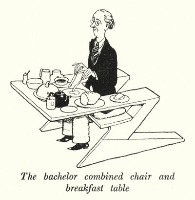 独身者の組み合わせた椅子と朝食用テーブル（リトグラフ 作： William Heath Robinson