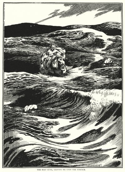 船が沈み、私は水面に取り残された(彫刻) 作： William Heath Robinson