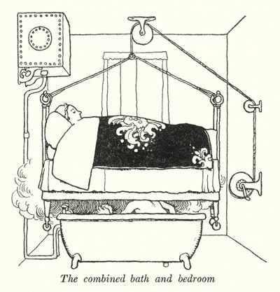 バスルームとベッドルームが一体化している様子（リトグラフ 作： William Heath Robinson