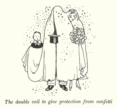 紙吹雪を防ぐためのダブルベール（リトグラフ 作： William Heath Robinson