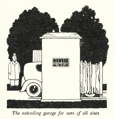 大小さまざまな車が入る拡張ガレージ（リトグラフ 作： William Heath Robinson