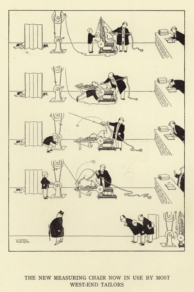 現在ほとんどのウエストエンドの仕立て屋で使用されている新しい測定椅子 作： William Heath Robinson