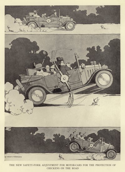 道路上の鶏を保護するための自動車用の新しい安全フォーク調整 作： William Heath Robinson