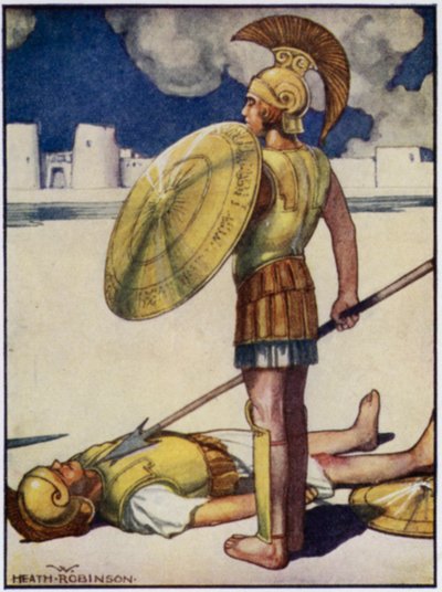ヘクトルに死の影が降りてきた（カラーリトグラフ 作： William Heath Robinson