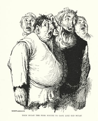 そして、哀れな悪党たちは、年老いたラバのようにうろたえ始めた（リトグラフ）。 作： William Heath Robinson