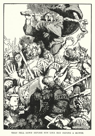 刈り払い機の前の干し草のように、彼の前に倒れた（リットー）。 作： William Heath Robinson